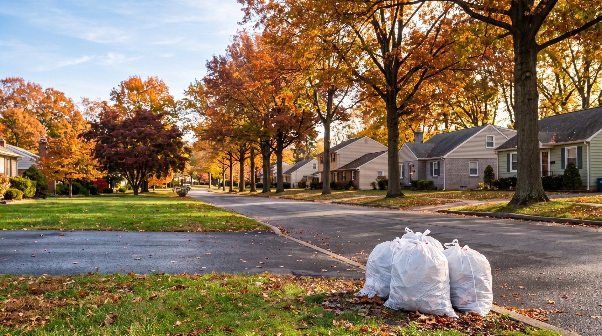 The Mac's Disposal truck stopped at the end of a rural driveway with trash bags waiting at the roadside